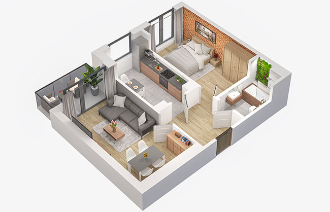 mieszkanie typu loft - rzut 3d